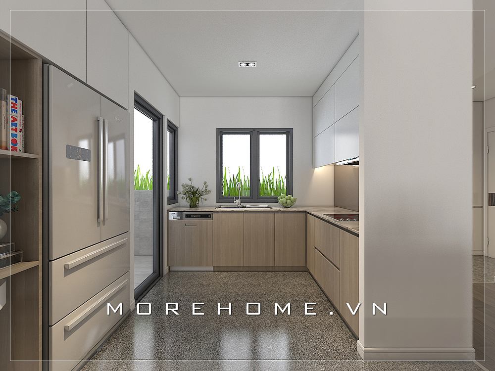 Mẫu tủ bếp chữ L gỗ công nghiệp gam màu kem sáng với thiết kế hiện đại, đơn giản và tiện nghi cho không gian phòng bếp Tủ bếp đẹp